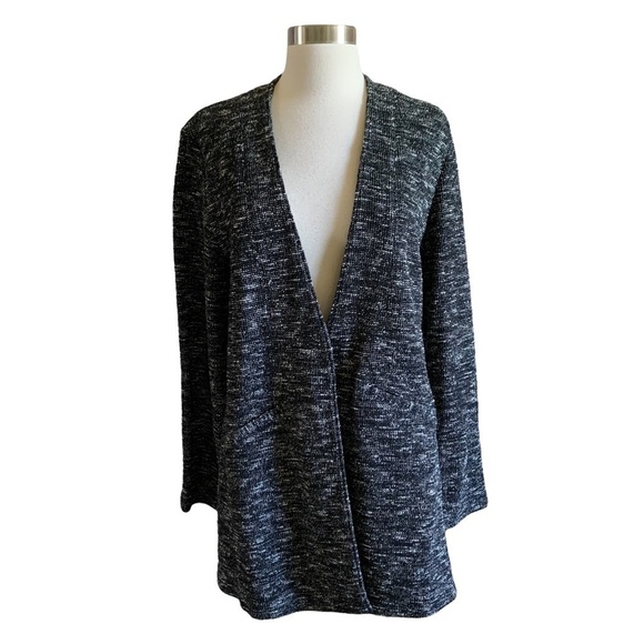 Eileen Fisher NWT Black Notch Collar Long Tweedy Organic Cotton Knit Jacket - Picture 2 of 11